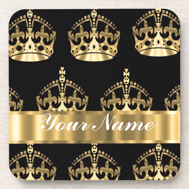 Gold crown pattern on black beverage coaster (Front)