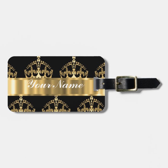 Gold crown pattern on black luggage tag (Front Horizontal)