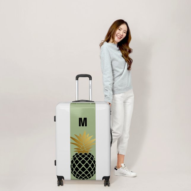 Gold Crown Pineapple Monogram Dusty Green Luggage (Scale)