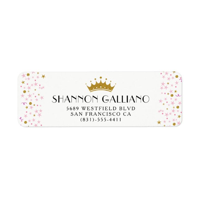 Gold Crown & Pink Confetti Address Label (Front)