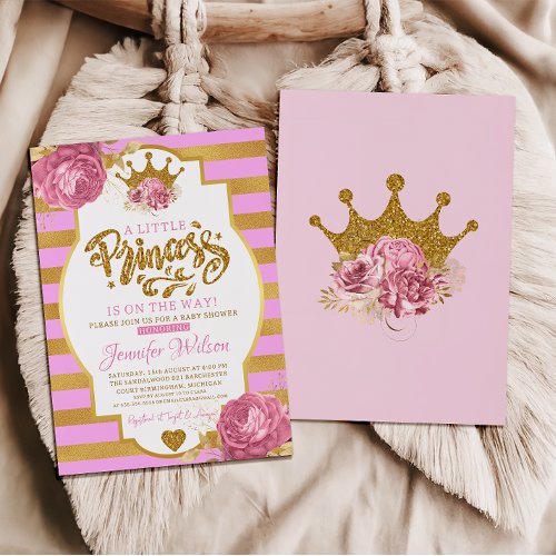 Gold Crown Pretty Princess Pink Floral Baby Shower Invitation