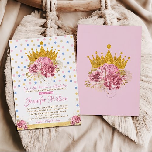 Gold Crown Pretty Princess Pink Floral Baby Shower Invitation