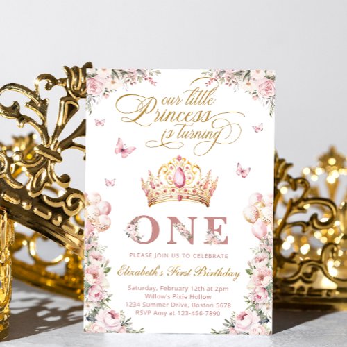 Gold Crown Princess Blush Pink Floral Birthday Invitation