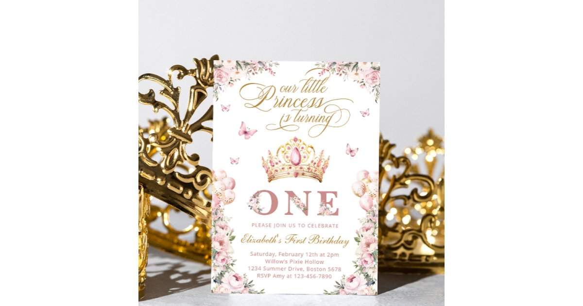 Gold Crown Princess Blush Pink Floral Birthday Invitation | Zazzle