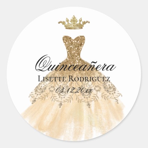 Gold Crown Princess Dress Quinceanera Party Classic Round Sticker
