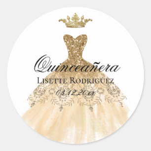 Gold Crown Princess Dress Quinceanera Party Classic Round Sticker