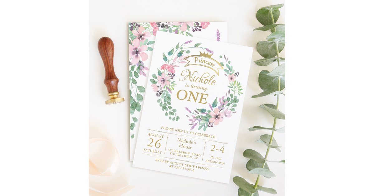 Gold Crown Princess Floral Girl 1st Birthday Invitation | Zazzle