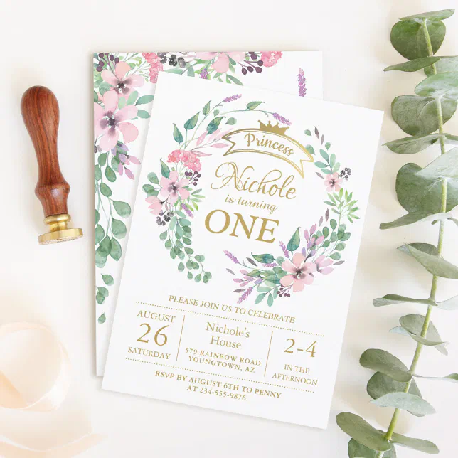 Gold Crown Princess Floral Girl 1st Birthday Invitation | Zazzle