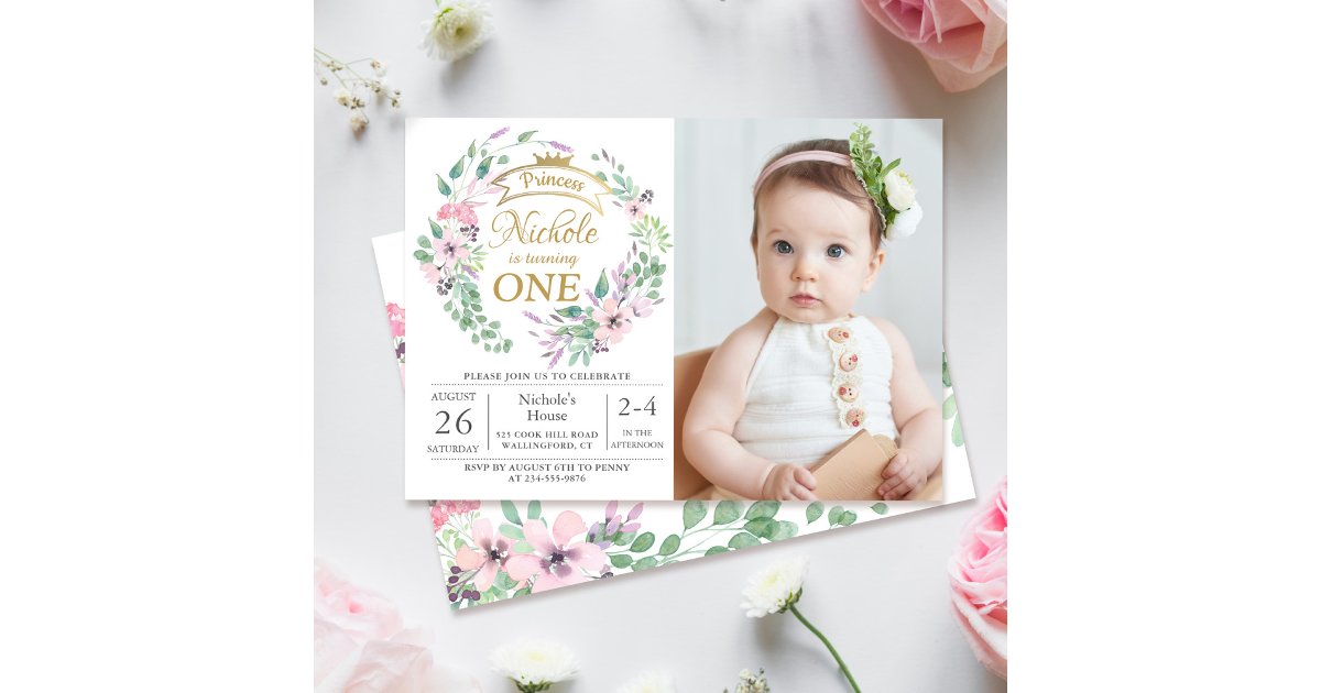 Gold Crown Princess Floral Girl 1st Birthday Photo Invitation | Zazzle
