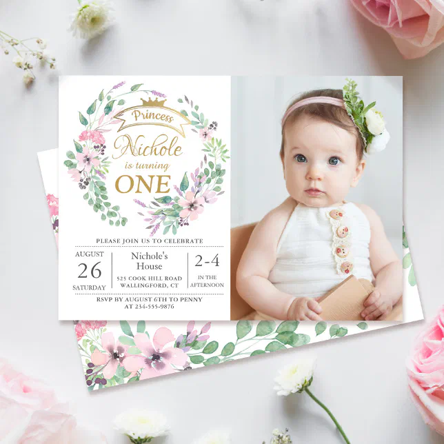 Gold Crown Princess Floral Girl 1st Birthday Photo Invitation | Zazzle