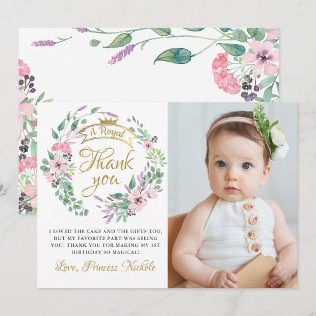 Gold Crown Princess Floral Girl Birthday Photo  Thank You Card (Front/Back)