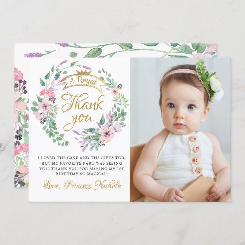 Gold Crown Princess Floral Girl Birthday Photo  Thank You Card