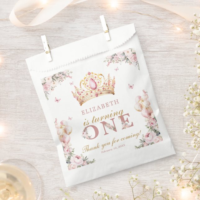 Gold Crown Princess Girl 1st Birthday Balloons Favor Bag (Clipped)