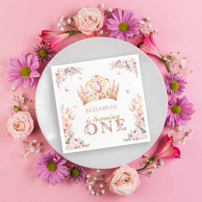 Gold Crown Princess Girl 1st Birthday Balloons Napkins (Creator Uploaded)