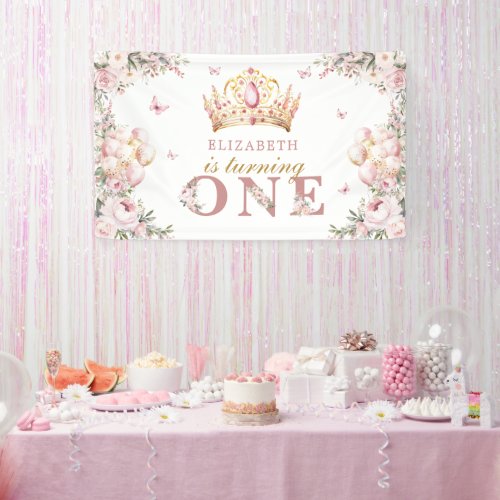 Gold Crown Princess Girl 1st Birthday Blush Floral Banner