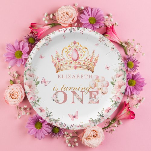 Gold Crown Princess Girl 1st Birthday Pink Floral Paper Plates
