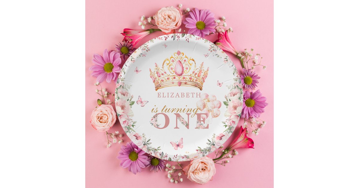 Gold Crown Princess Girl 1st Birthday Pink Floral Paper Plates | Zazzle