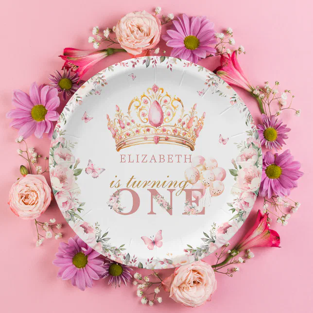 Gold Crown Princess Girl 1st Birthday Pink Floral Paper Plates | Zazzle