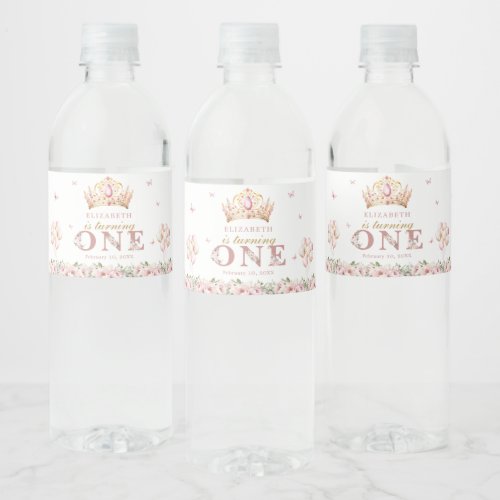 Gold Crown Princess Girl 1st Birthday Water Bottle Label