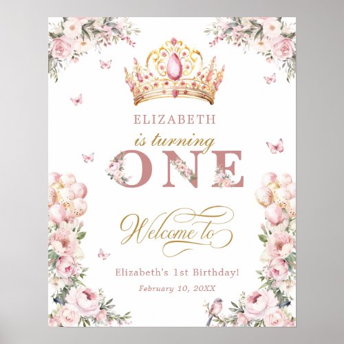 Gold Crown Princess Girl 1st Birthday Welcome Poster