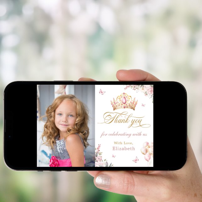 Gold Crown Princess Girl Birthday Thank You Card (Front Digital)