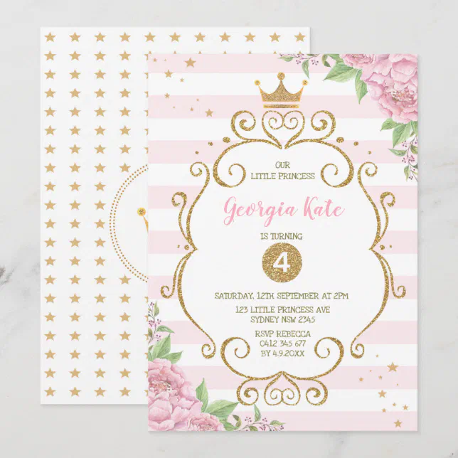 Gold Crown Princess Pink Floral 1st Birthday Party Invitation | Zazzle