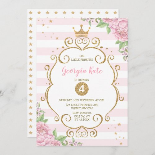 Gold Crown Princess Pink Floral 1st Birthday Party Invitation