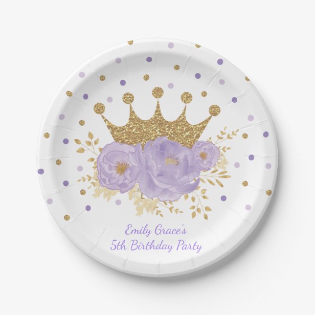 Gold Crown Purple Floral Royal Princess Paper Plates (Front)
