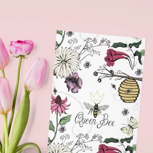 Gold Crown Queen Bee Floral Mothers Day Foil Holiday Card