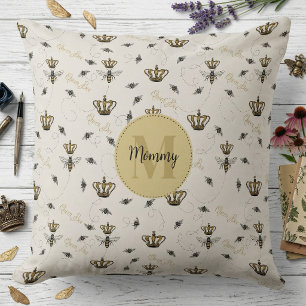 Gold Crown Queen Bee Monogram Royal Ivory Throw Pillow