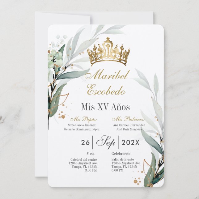 Gold crown quinceañera  invitation (Front)