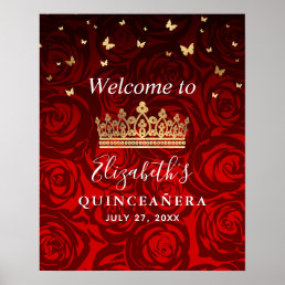 Gold Crown Red Roses Quinceanera Welcome Party Poster