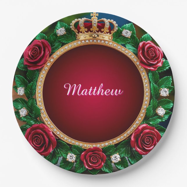 👑 Gold Crown Rose Paper Plates Luxury Party Decor (Front)
