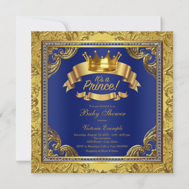 Gold Crown Royal Blue Fancy Prince Baby Shower Invitation (Front)