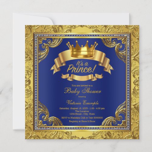 Gold Crown Royal Blue Fancy Prince Baby Shower Invitation