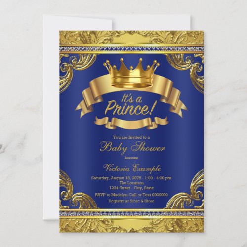 Gold Crown Royal Blue Fancy Prince Baby Shower Invitation