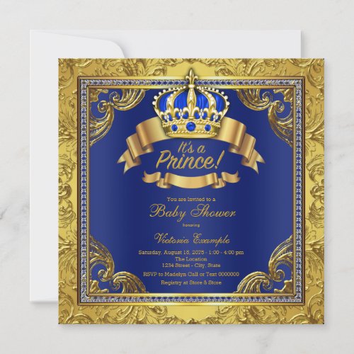 Gold Crown Royal Blue Prince Baby Shower Invitation