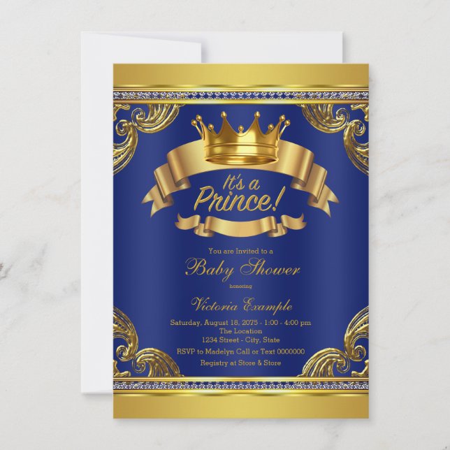 Gold Crown Royal Blue Prince Baby Shower Invitation (Front)