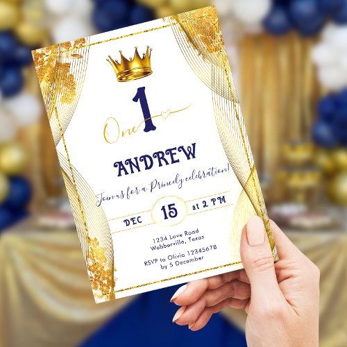 Gold Crown Royal Blue Prince Boy 1st Birthday Invitation