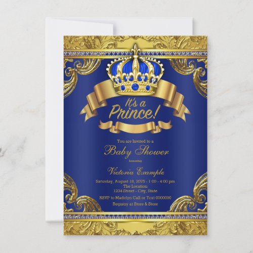 Gold Crown Royal Blue Prince Boy Baby Shower Invitation