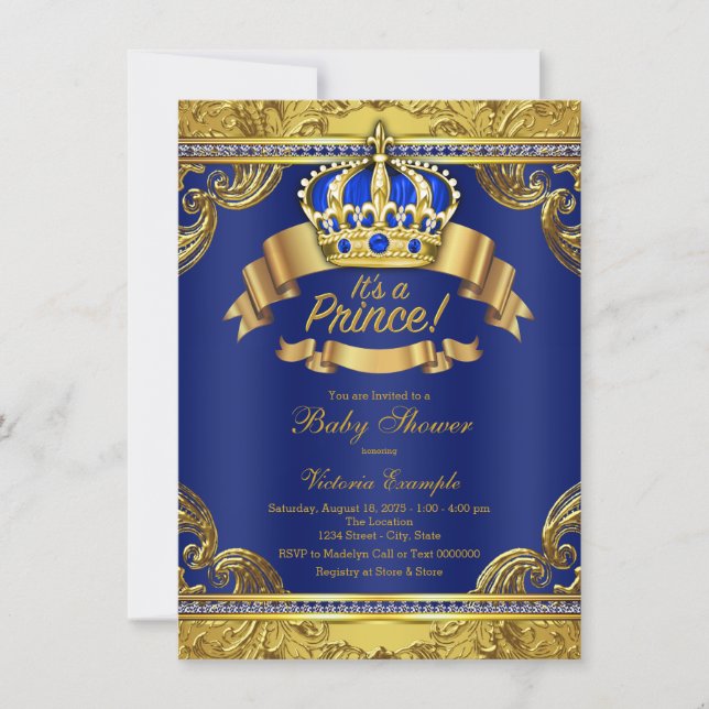 Gold Crown Royal Blue Prince Boy Baby Shower Invitation (Front)
