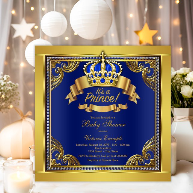 Gold Crown Royal Blue Prince Boy Baby Shower Invitation (Elegant royal blue and gold prince baby shower invitation. Simply add you recent details.)