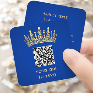 Gold Crown Royal Blue Quinceañera Scan Me QR RSVP Enclosure Card