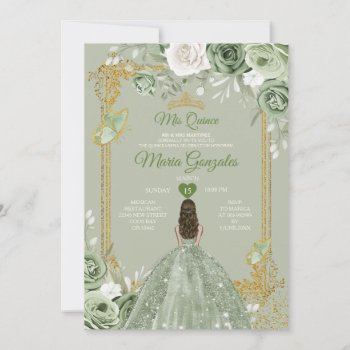 Gold Crown Sage Green Mis Quince 15 Anos Dresses Invitation by HappyPartyStudio at Zazzle