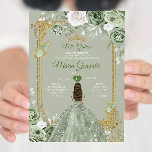 Gold Crown Sage Green Mis Quince 15 Anos Dresses Invitation (Creator Uploaded)