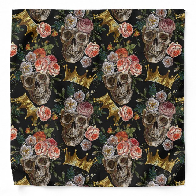 Gold Crown Skull Red Roses Black Gothic Halloween Bandana (Front)