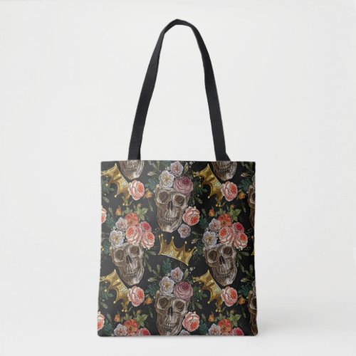 Gold Crown Skull Red Roses Dark Gothic Halloween Tote Bag