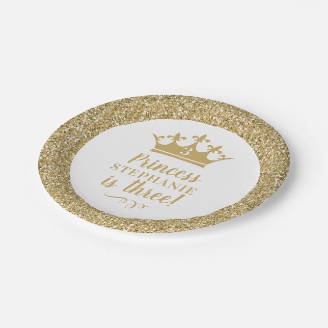 Gold Crown Tiara Gold Princess Birthday Paper Plates (Angled)