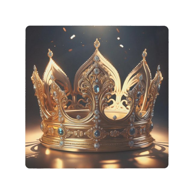 Gold crown with blue-green crystals metal wall art (Front)