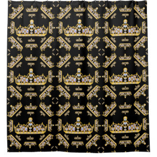 Gold Crowns Heart Diamonds Pearls Pattern Black Shower Curtain